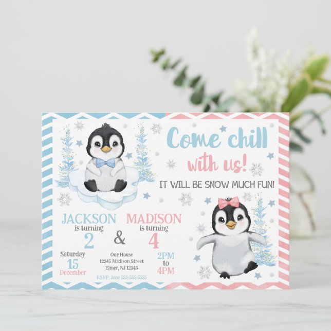 Convite Winter Cute Penguins Joint Birthday (Em pé/Frente)