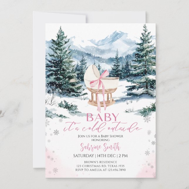Convite Winter Cute Pink Bow Cradle Baby Shower (Frente)