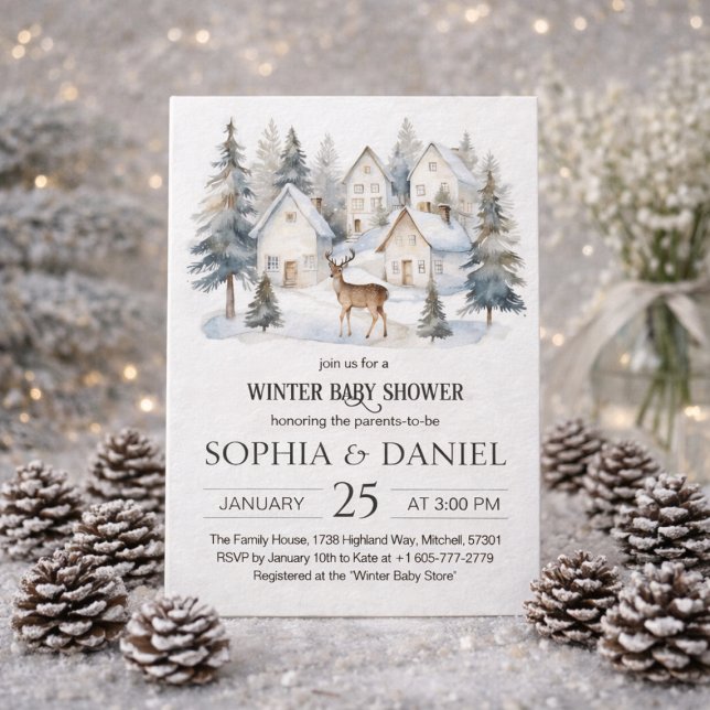 Convite Winter Deer in Village Watercolor Baby Shower (Winter Deer in Village Watercolor Baby Shower Invitation)