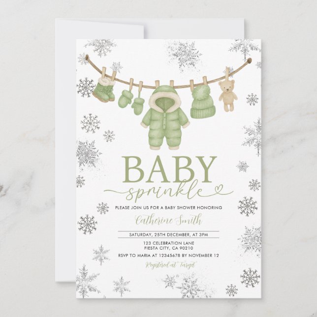 Convite Winter Dusty Green Sprinkle Snowflakes Baby Shower (Frente)