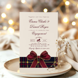 Convite Winter Engagement party Christmas Plaid Red Bow
