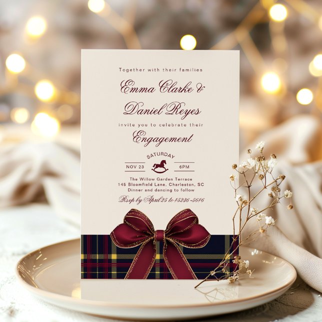 Convite Winter Engagement party Christmas Plaid Red Bow (Criador carregado)