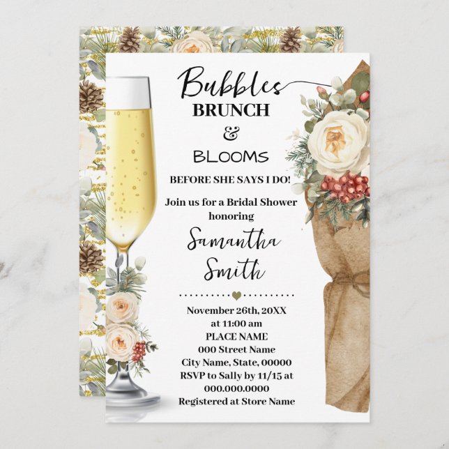 Convite Winter Floral Bubbles Brunch & Bloom Bridal Shower (Frente/Verso)