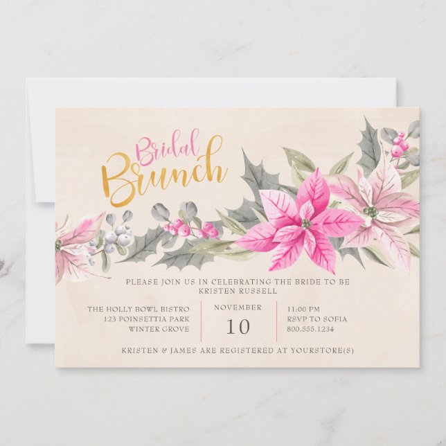 Convite Winter Floral Poinsettia Watercolor Bridal Brunch (Frente)