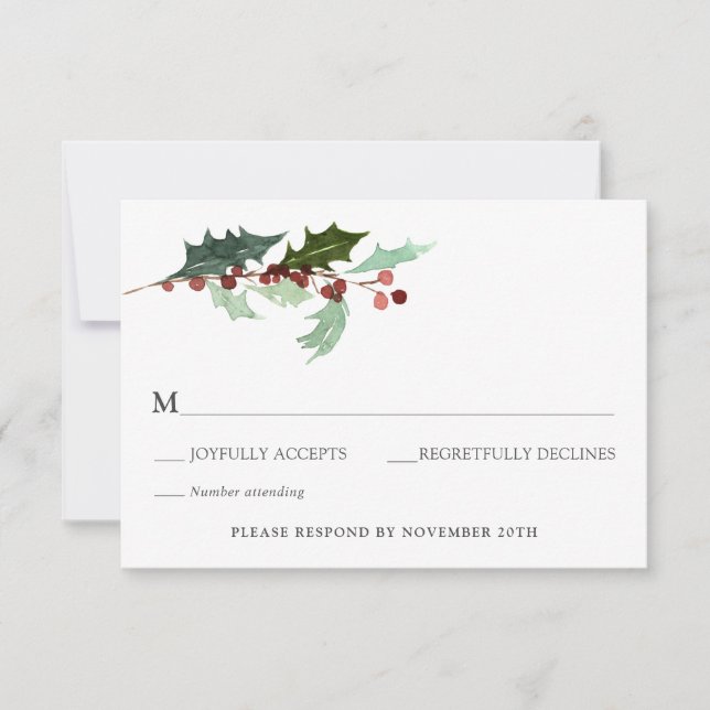 Convite Winter Florals and Evergreen Wedding RSVP (Frente)
