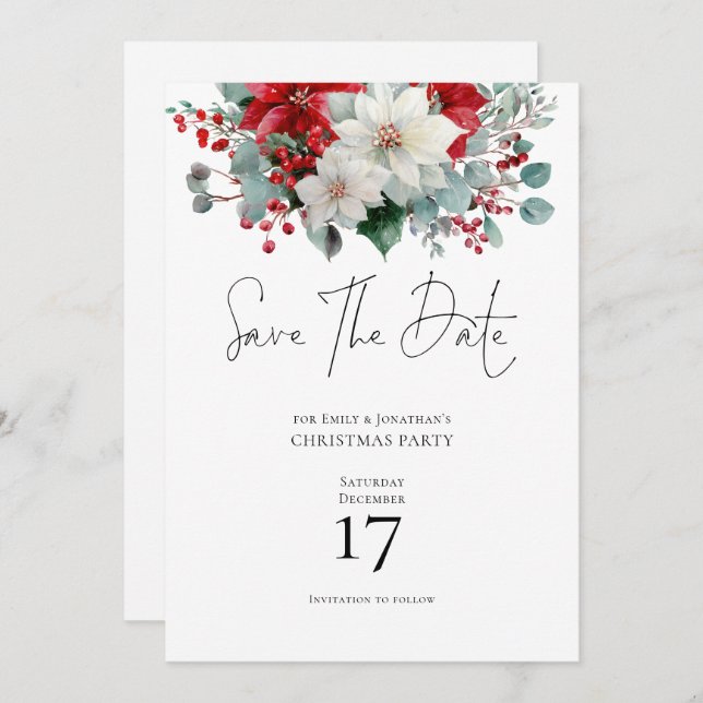 Convite Winter Florals Poinsettia Christmas Save Date (Sal (Frente/Verso)