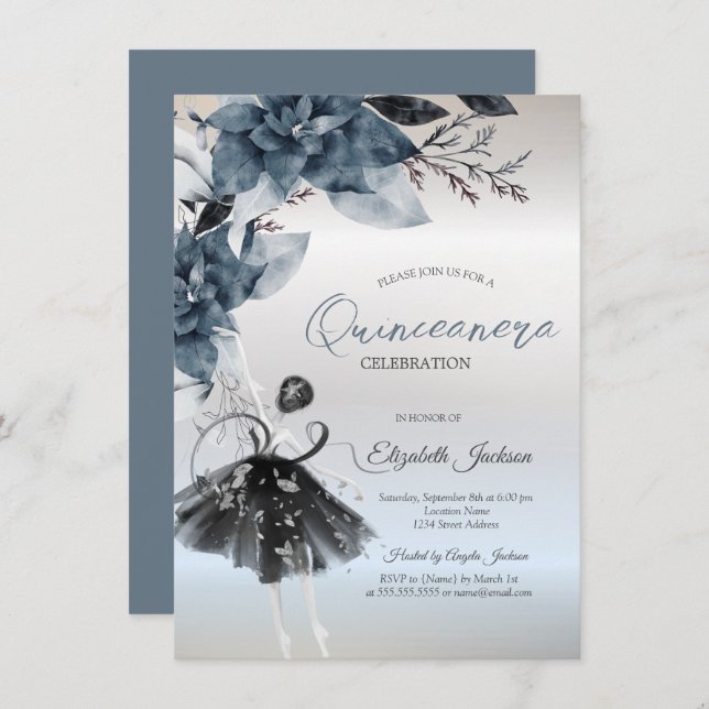 Convite  Winter Flowers Ballerina Silver Quinceanera (Frente/Verso)