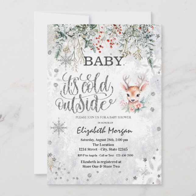 Convite Winter Flowers Snowflakes Baby Dear Baby Shower  (Frente)