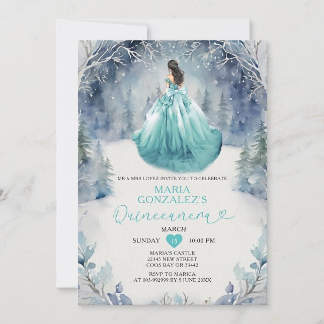 Convite Winter Forest Aqua Blue Princess Dress Quinceañera (Frente)
