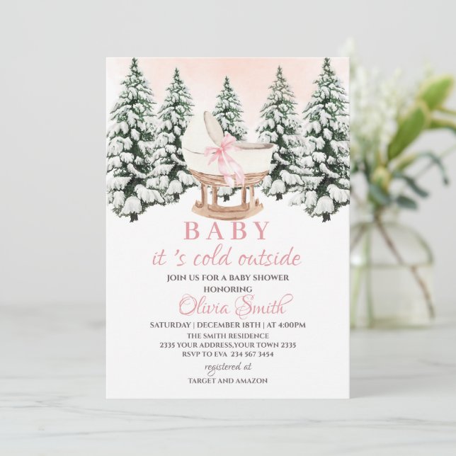 Convite Winter Forest Pink It's Cold Outside Baby Shower (Em pé/Frente)
