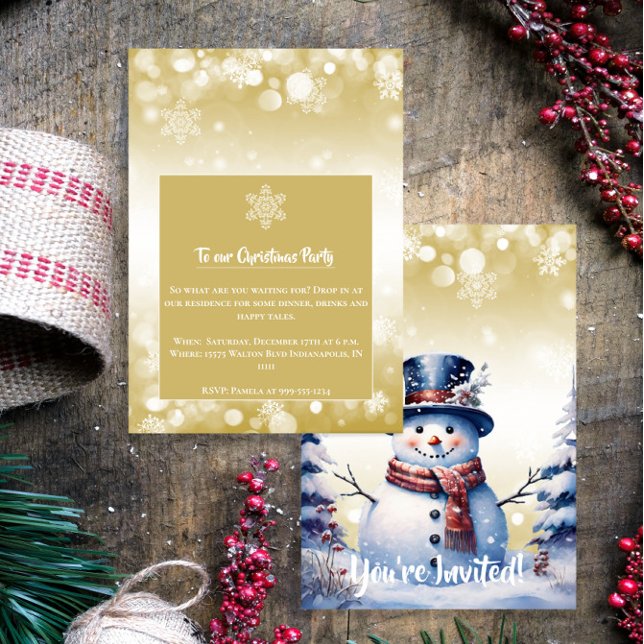 Convite Winter Forest Snowman Natal | Partido Dourado (Gold Winter Forest Snowman Christmas Party Invitation)