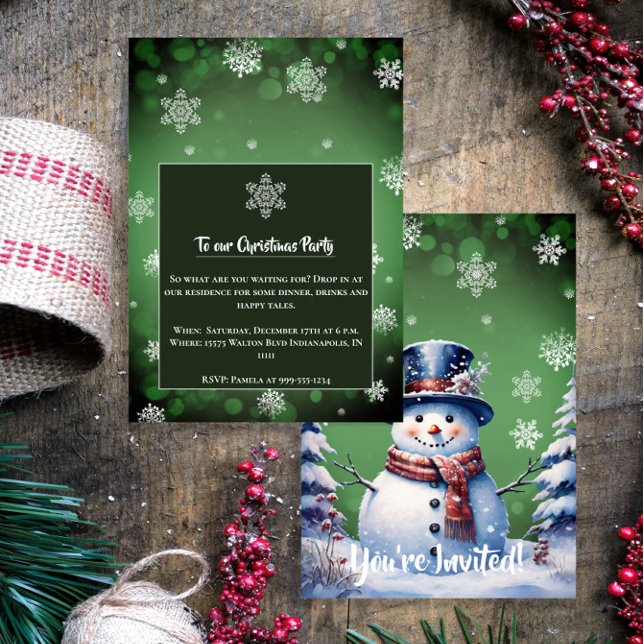 Convite Winter Forest Snowman Natal | Partido Verde (Green Winter Forest Snowman Christmas Party Invitation)