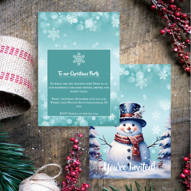 Convite Winter Forest Snowman Natal | Teal Party (Teal Winter Forest Snowman Christmas Party Invitation)