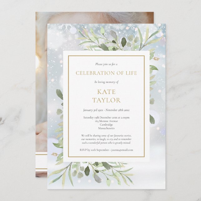 Convite Winter Greenery Celebração Funeral da Vida Foto (Frente/Verso)