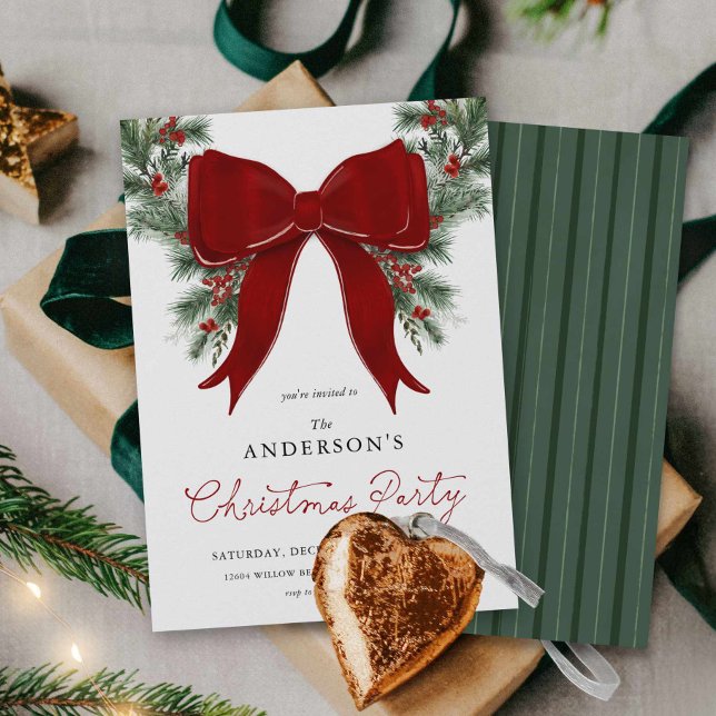Convite Winter Greenery Christmas Party Invite (Red Bow and Wreath Christmas Party Invitation)