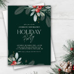 Convite Winter Greenery Corporate Holiday Party<br><div class="desc">Este elegante convite de festas de Natal da empresa apresenta belos verdes e bagas de inverno. O fundo verde escuro é acentuado com o texto de estilo manuscrito de tendência branca.</div>