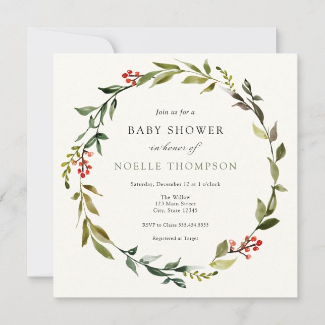 Convite Winter Greenery e Holly Chá de fraldas Invitation (Frente)