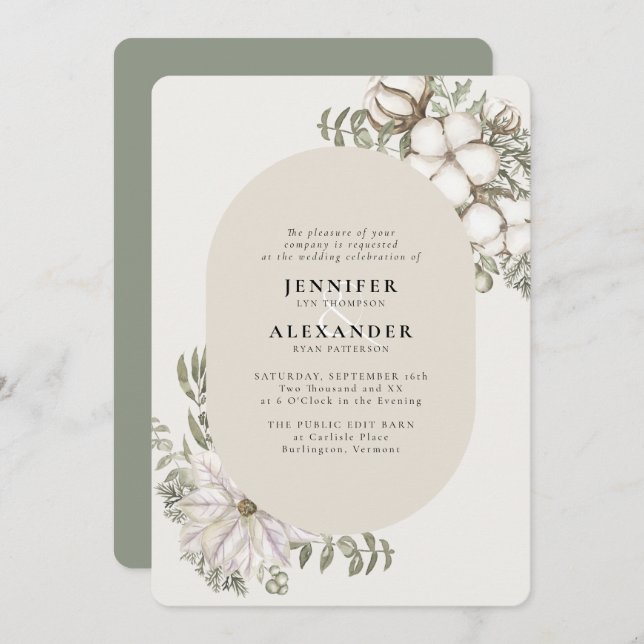 Convite Winter Greenery Floral Oval Wedding (Frente/Verso)