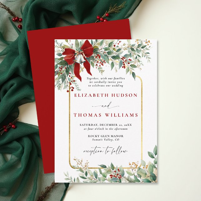 Convite Winter Greenery Red Bow Bells Rustic Frame Wedding (christmas wedding invitation card template design winter greenery botanical rustic chic frame)
