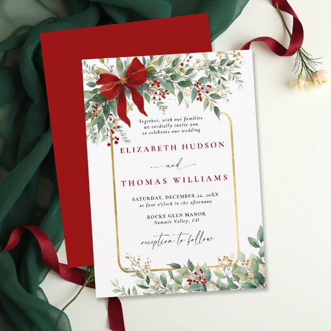 Convite Winter Greenery Red Bow Rustic *Gold Frame Wedding (christmas wedding invitation card template design winter greenery botanical rustic chic golden frame)