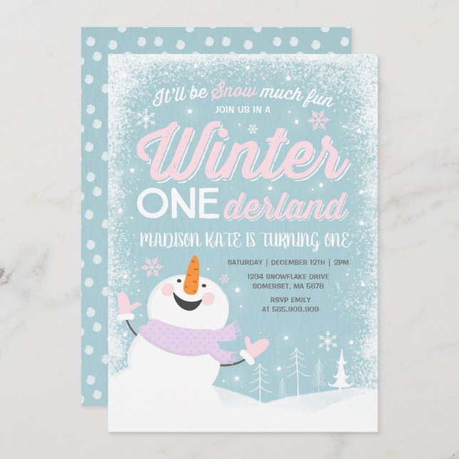 Convite Winter ONE Derland Birthday Invitation Snowman Pin (Frente/Verso)