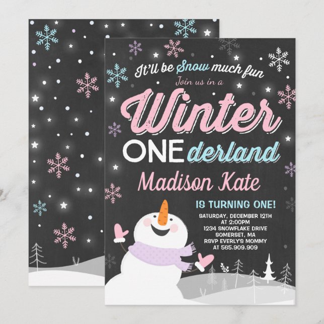 Convite Winter ONE Derland Birthday Invitation Snowman Pin (Frente/Verso)