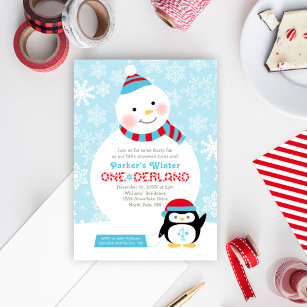 Convite Winter ONE derland Birthday Snowman e Penguin