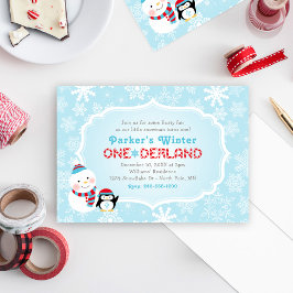 Convite Winter ONE derland Birthday Snowman e Penguin