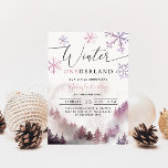 Convite Winter ONE derland Girl primeiro aniversario Mount<br><div class="desc">Cartão de convite de aniversário de moça moderna,  com arte aquosa da montanha de inverno com pinheiros com flocos de neve. O texto diz "Winter ONEDERLAND". Perfeito para o primeiro aniversário de uma garota no inverno.</div>