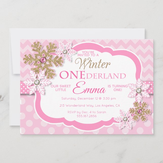 Convite Winter ONE derland Girls First Birthday Invitation (Frente)