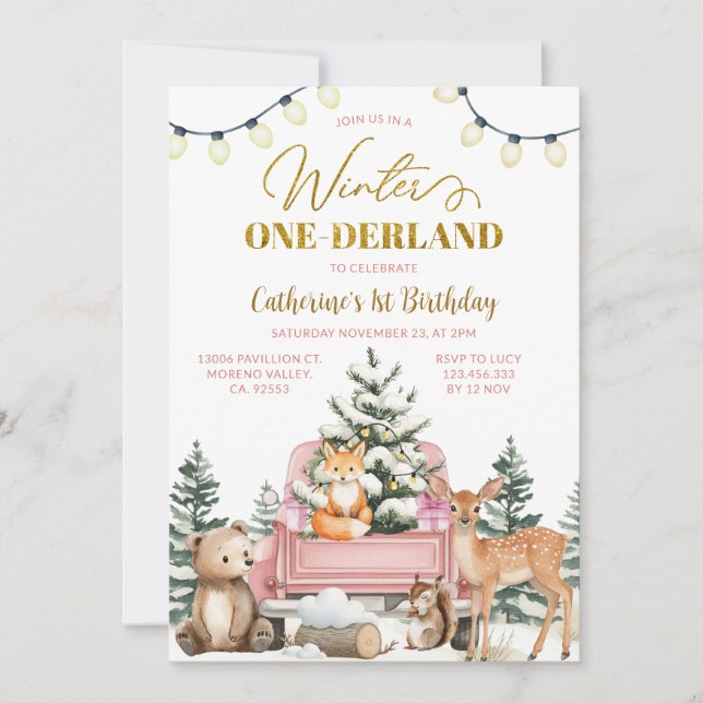 Convite Winter ONE-derland Pink Truck Animals 1st Birthday (Frente)