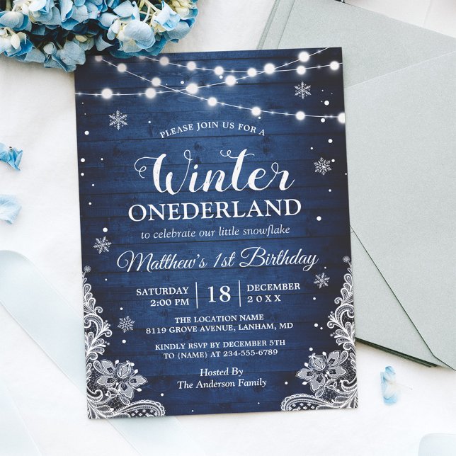Convite Winter ONE derland Rustic Blue Baby Primeiro Anive (Criador carregado)