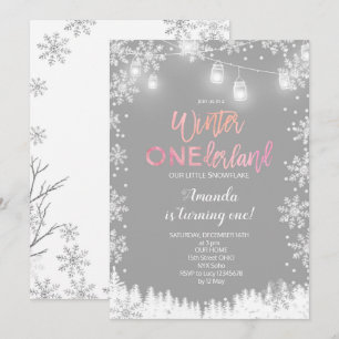 Convite Winter ONE derland Snow Birthday Invite PINK