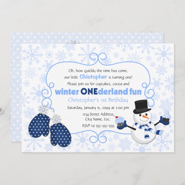 Convite Winter ONE derland Snowman Birthday (Frente/Verso)