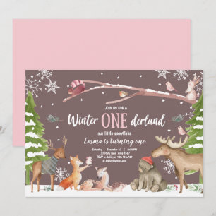 Convite Winter ONE derland Woodland Pink Birthday