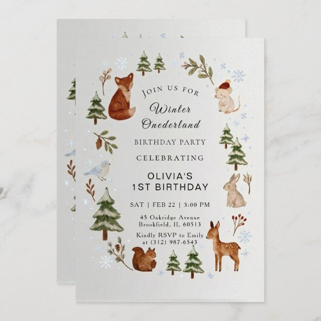 Convite Winter ONEderland 1st Birthday Invitation Editable (Frente/Verso)