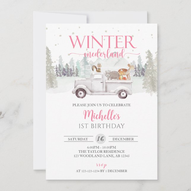 Convite Winter ONEderland, Animal Truck primeiro aniversar (Frente)