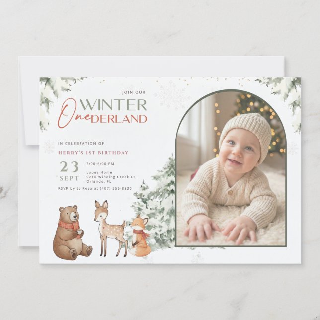 Convite Winter Onederland Arch Photo Baby First Birthday (Frente)
