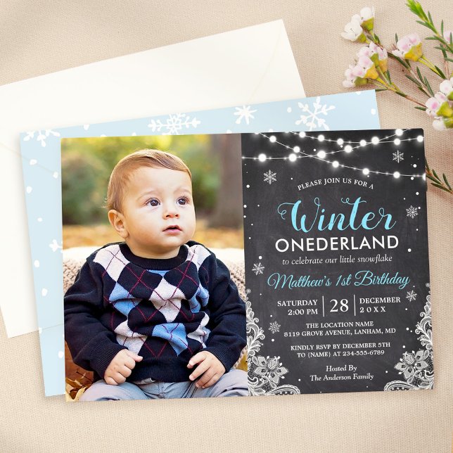 Convite Winter ONEderland Baby Boy First Birthday Foto (Criador carregado)