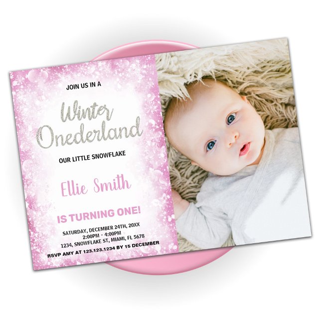 Convite Winter Onederland Birthday Invances Pink Photo (Winter Onederland Birthday Invitations Pink Photo)