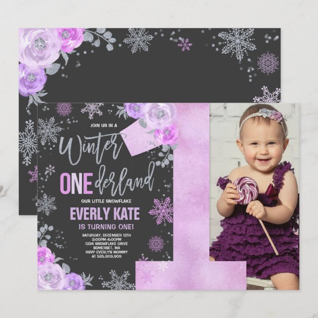 Convite Winter ONEderland Birthday Invitation Lilac Silver (Frente/Verso)