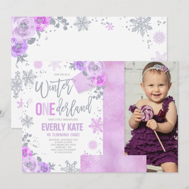 Convite Winter ONEderland Birthday Invitation Lilac Silver (Frente/Verso)