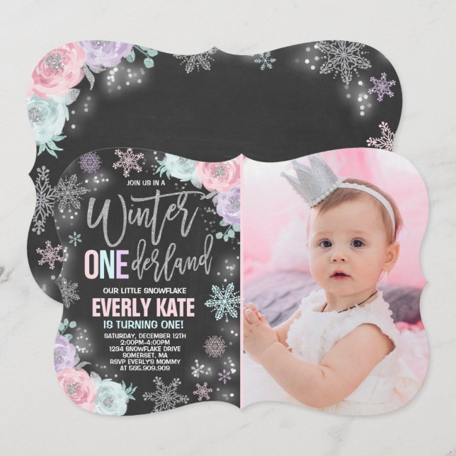 Convite Winter ONEderland Birthday Invitation Pink Silver (Frente/Verso)