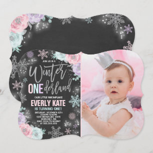 Convite Winter ONEderland Birthday Invitation Pink Silver