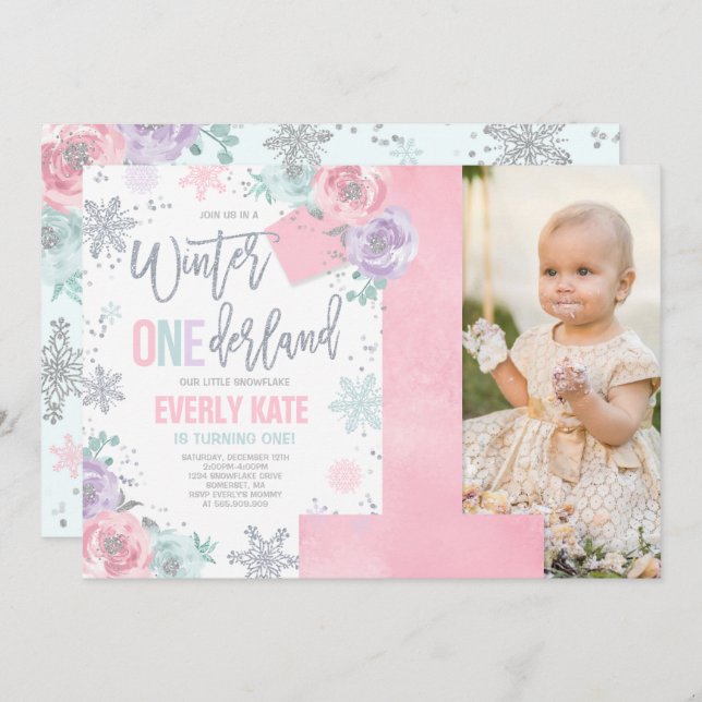 Convite Winter ONEderland Birthday Invitation Pink Silver (Frente/Verso)