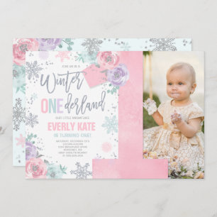 Convite Winter ONEderland Birthday Invitation Pink Silver