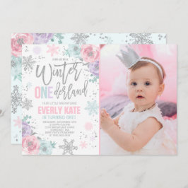 Convite Winter ONEderland Birthday Invitation Pink Silver