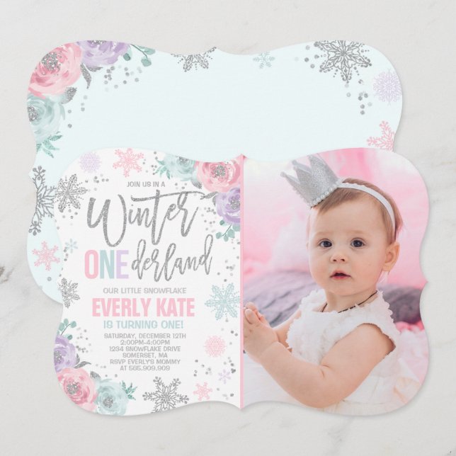Convite Winter ONEderland Birthday Invitation Pink Silver (Frente/Verso)