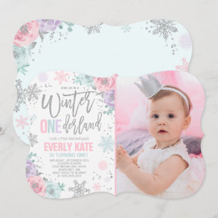 Convite Winter ONEderland Birthday Invitation Pink Silver