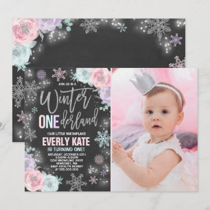 Convite Winter ONEderland Birthday Invitation Pink Silver